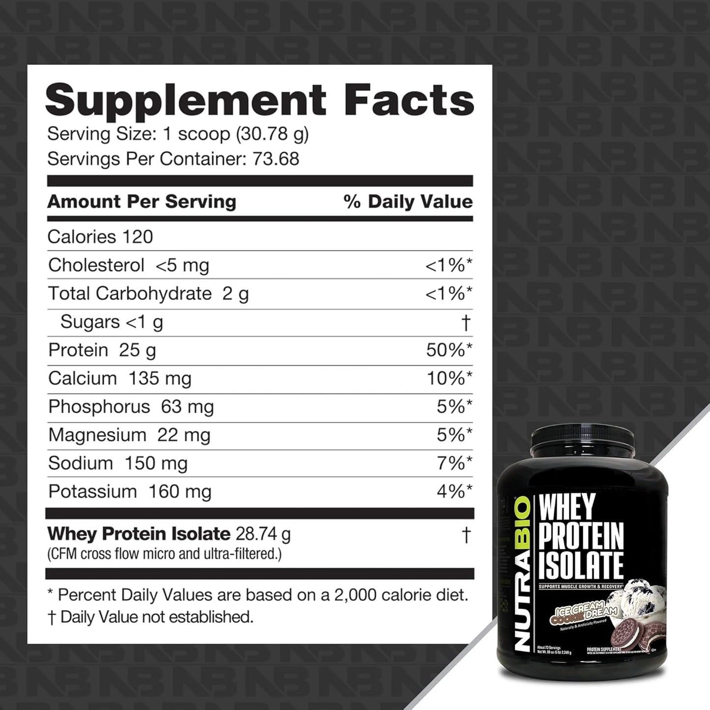 5lb NutraBio Whey Protein Isolate Powder - Ice Cream Cookie Dream Flavor - 25g Protein, Complete Amino Acids, Soy & Gluten Free, Non-GMO