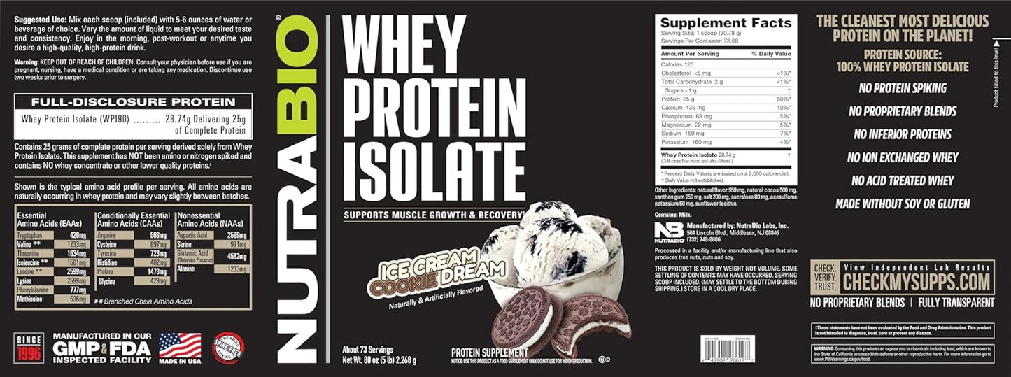 5lb NutraBio Whey Protein Isolate Powder - Ice Cream Cookie Dream Flavor - 25g Protein, Complete Amino Acids, Soy & Gluten Free, Non-GMO