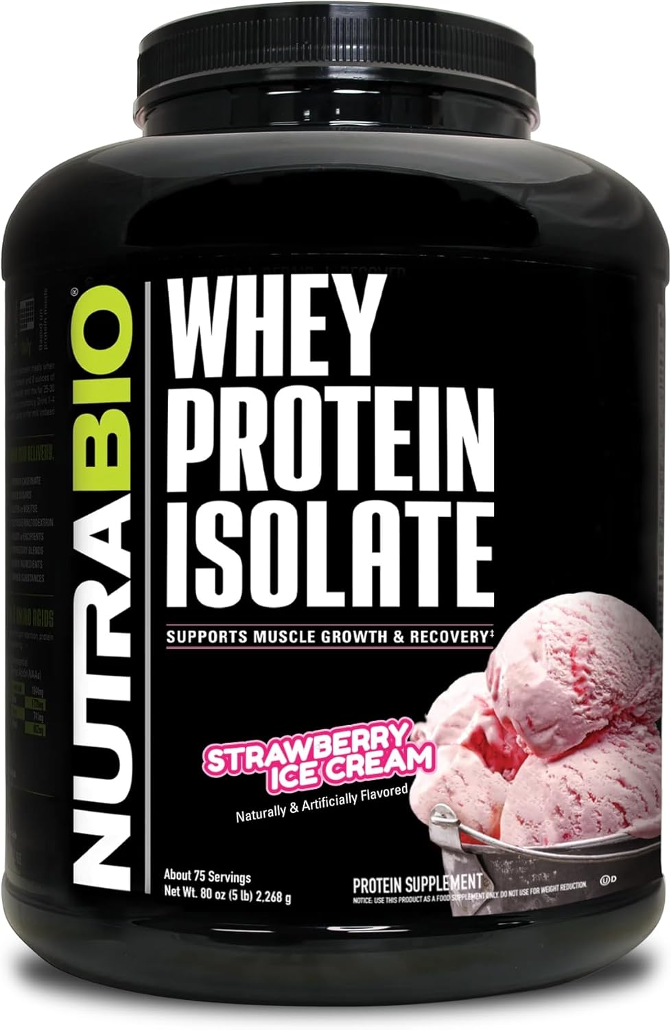 5lb NutraBio Whey Protein Isolate Powder - Strawberry Ice Cream Flavor - 25g Protein Per Serving - Complete Amino Acid Profile - No Fillers, Non-GMO, Soy & Gluten Free