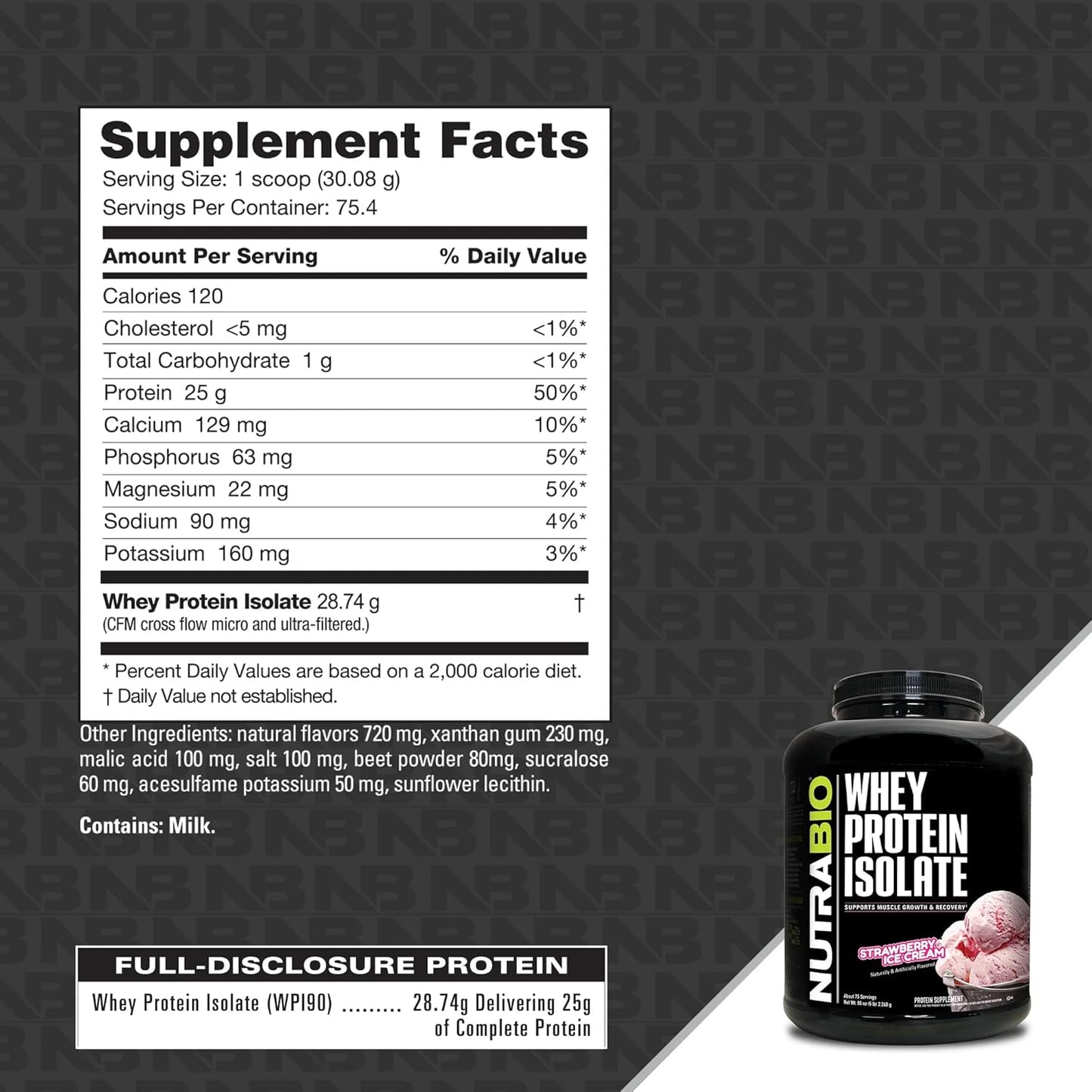 5lb NutraBio Whey Protein Isolate Powder - Strawberry Ice Cream Flavor - 25g Protein Per Serving - Complete Amino Acid Profile - No Fillers, Non-GMO, Soy & Gluten Free