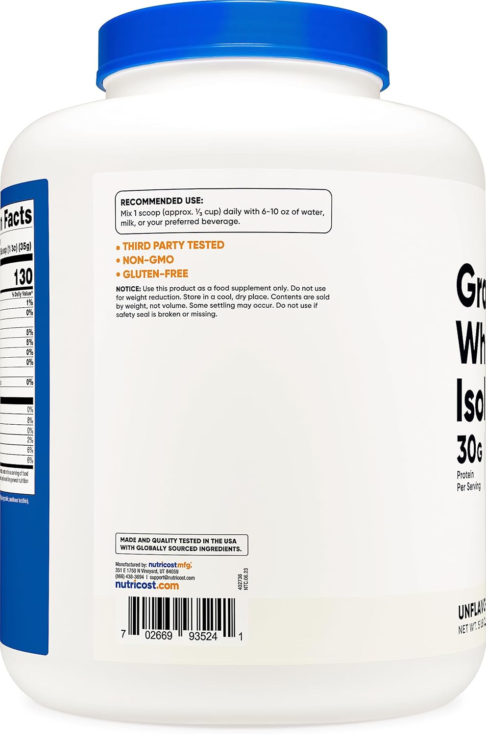 5LB Nutricost Grass-Fed Whey Protein Isolate - Unflavored, Non-GMO, Gluten Free, rBGH Free