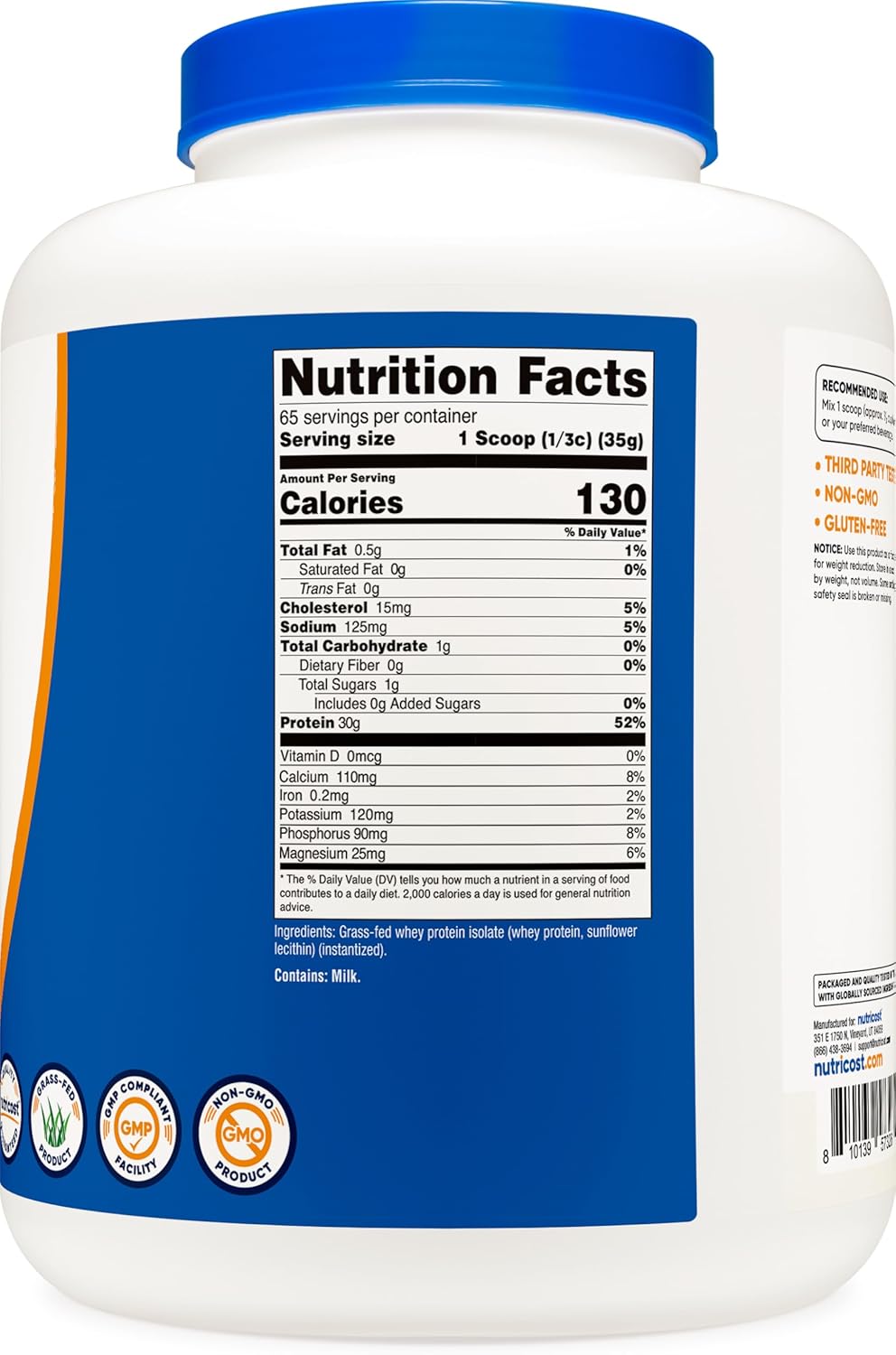5LB Nutricost Grass-Fed Whey Protein Isolate - Unflavored, Non-GMO, Gluten Free, rBGH Free