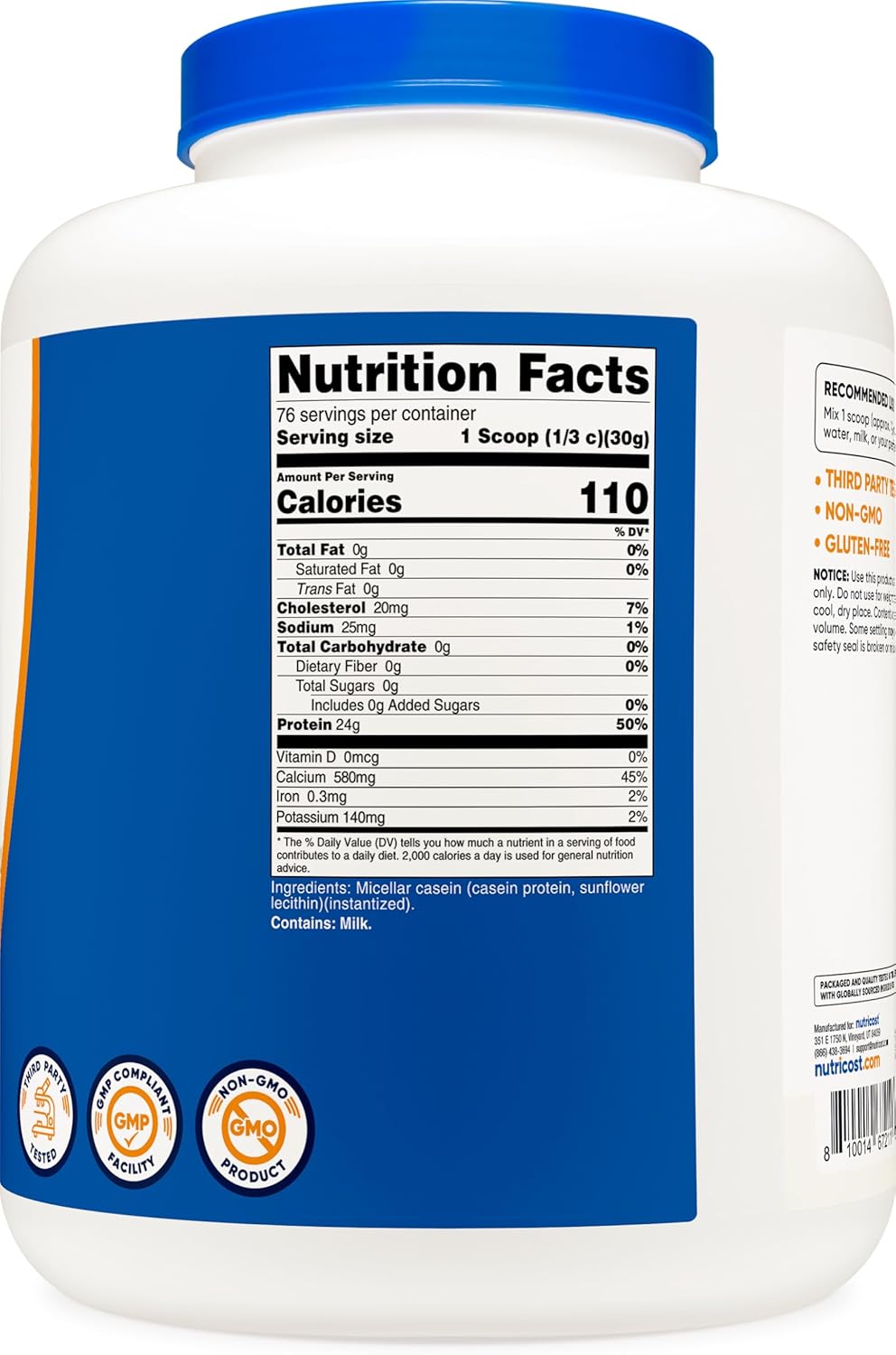 5lb Nutricost Micellar Casein Protein Powder - Unflavored, Non-GMO, Gluten Free