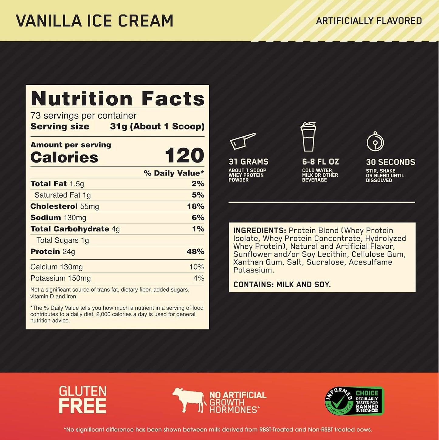 5lb Optimum Nutrition Gold Standard Vanilla Ice Creme Whey Protein Powder