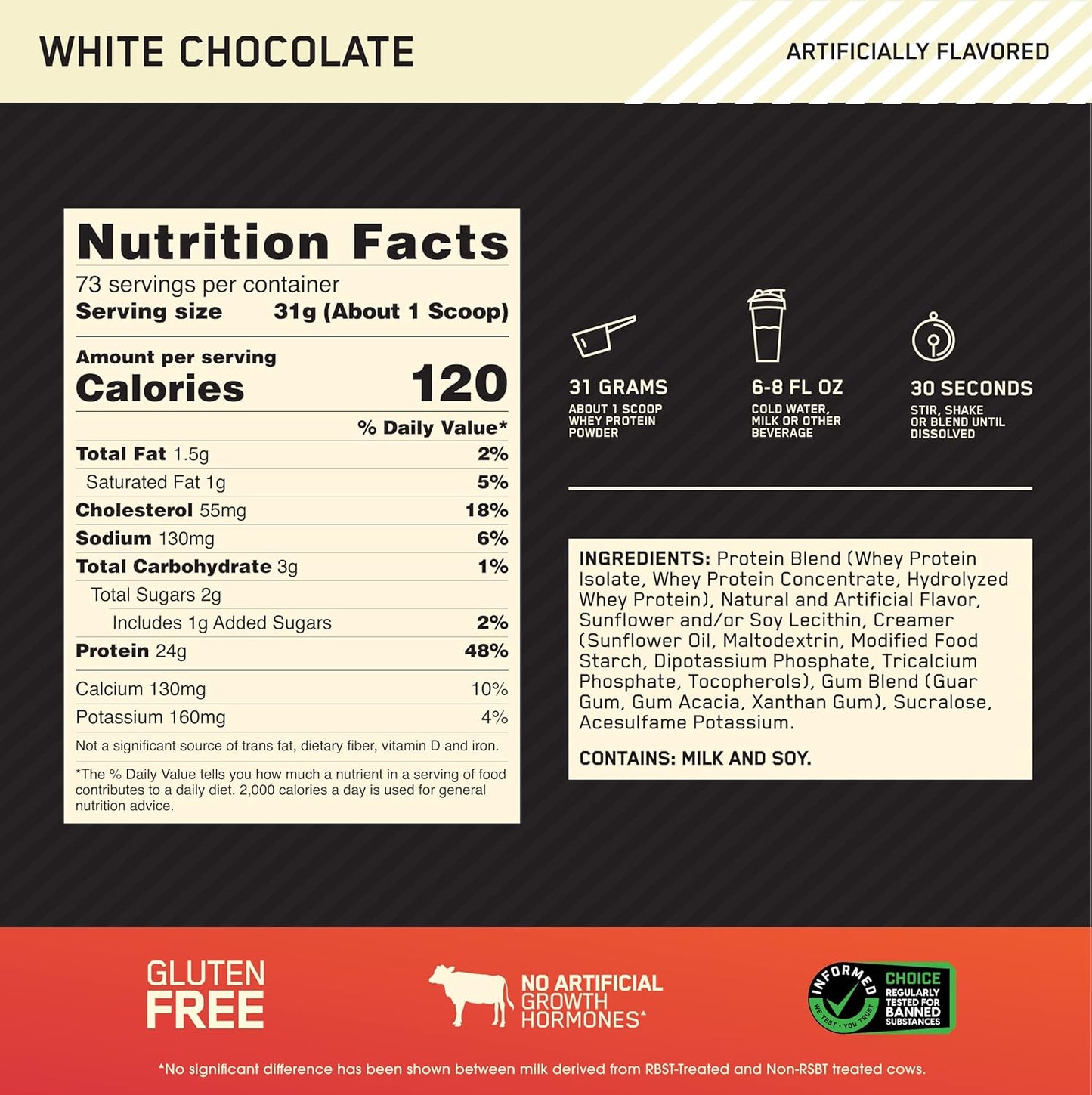 5lb Optimum Nutrition Gold Standard Whey Protein Powder - White Chocolate Flavor - High Quality Protein Supplement