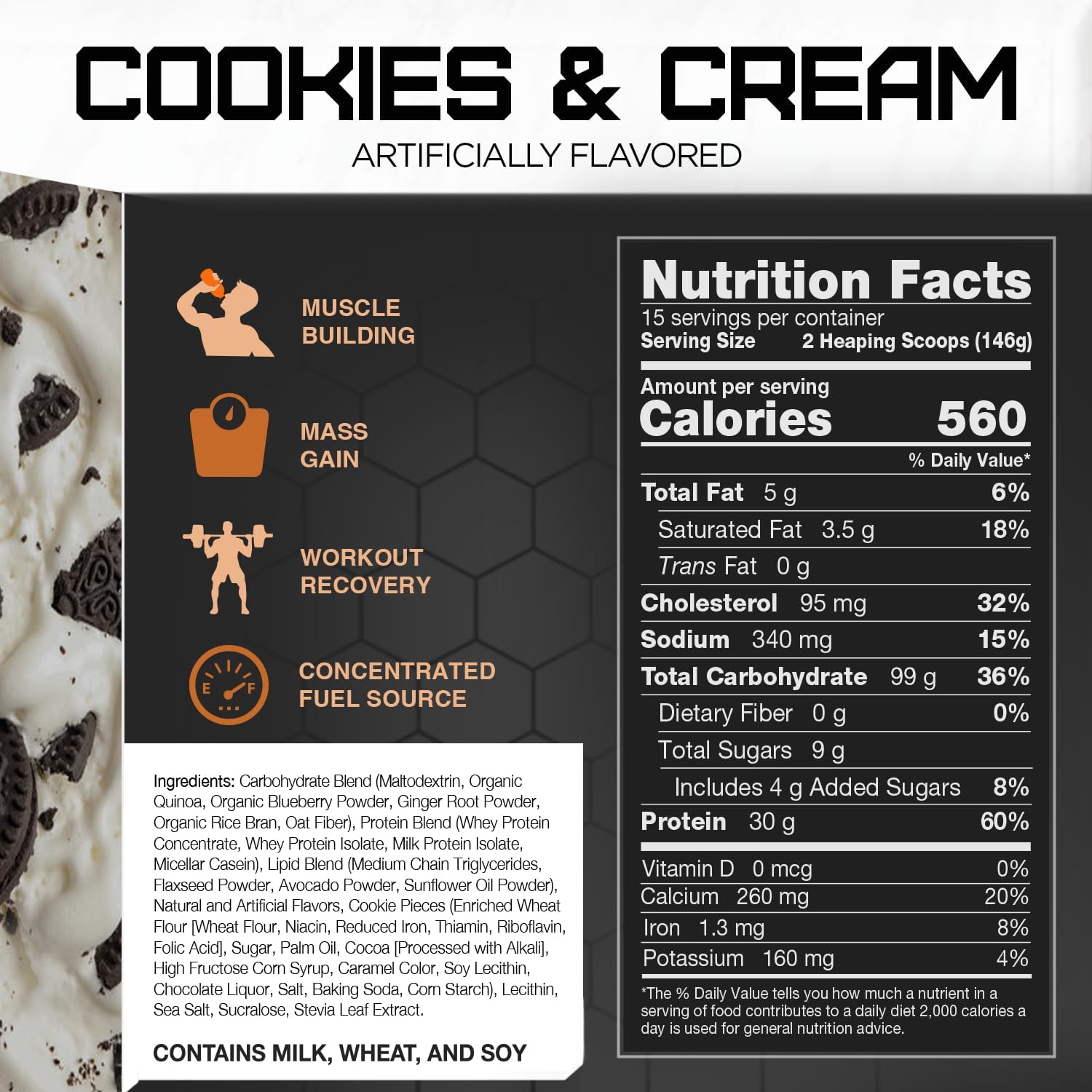 5lb Rival Nutrition Clean Gainer in Cookies & Cream - High-Quality Protein Supplement for Muscle Growth and Recovery