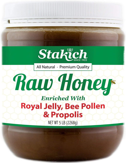 5lb Stakich Royal Jelly, Bee Pollen, Propolis Enriched Raw Honey - Pure & Unprocessed - 80oz - BoostGo Australia