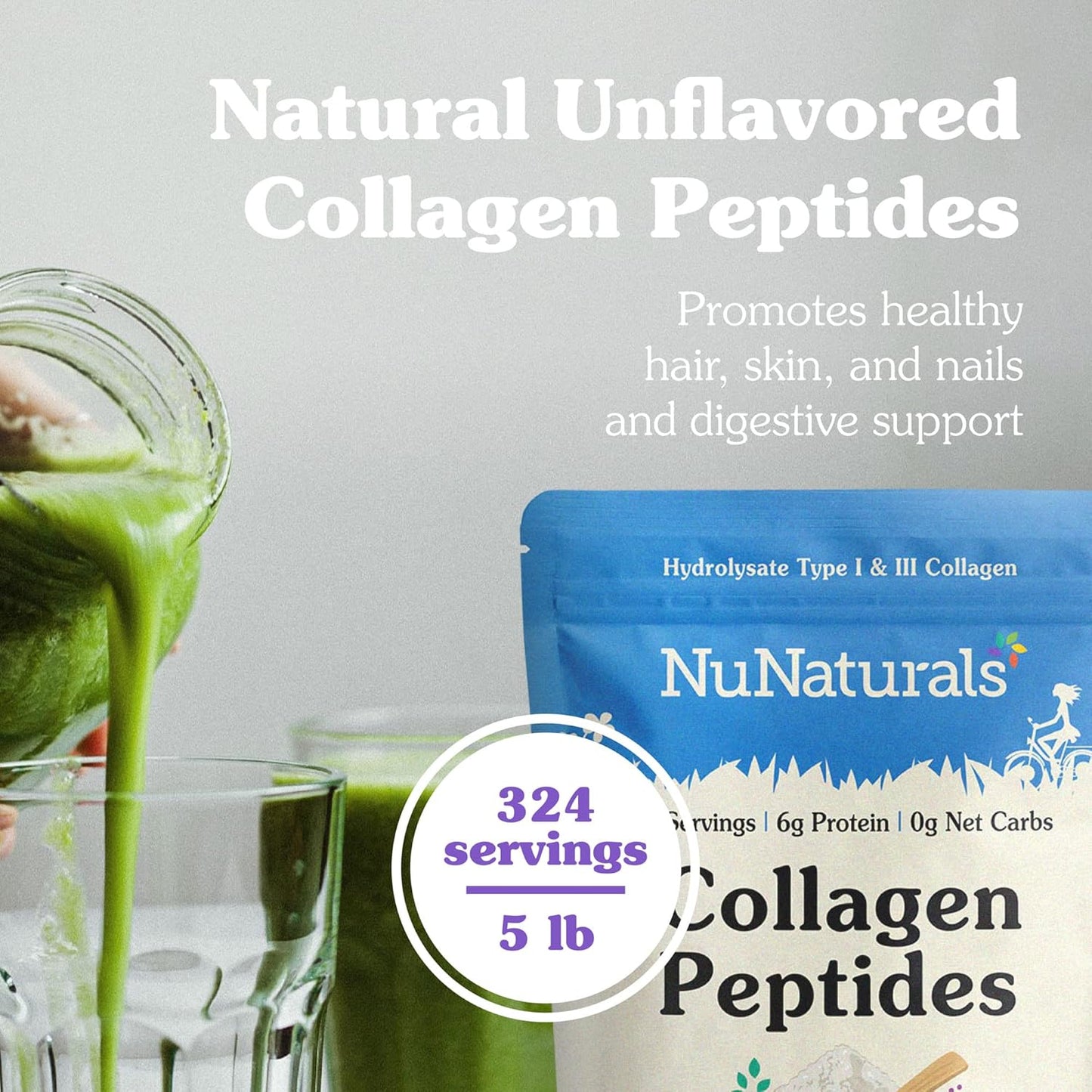 5lbs Nunaturals Collagen Peptides Powder for Skin, Hair, Nails, Joints - Type I, III - Health Benefits