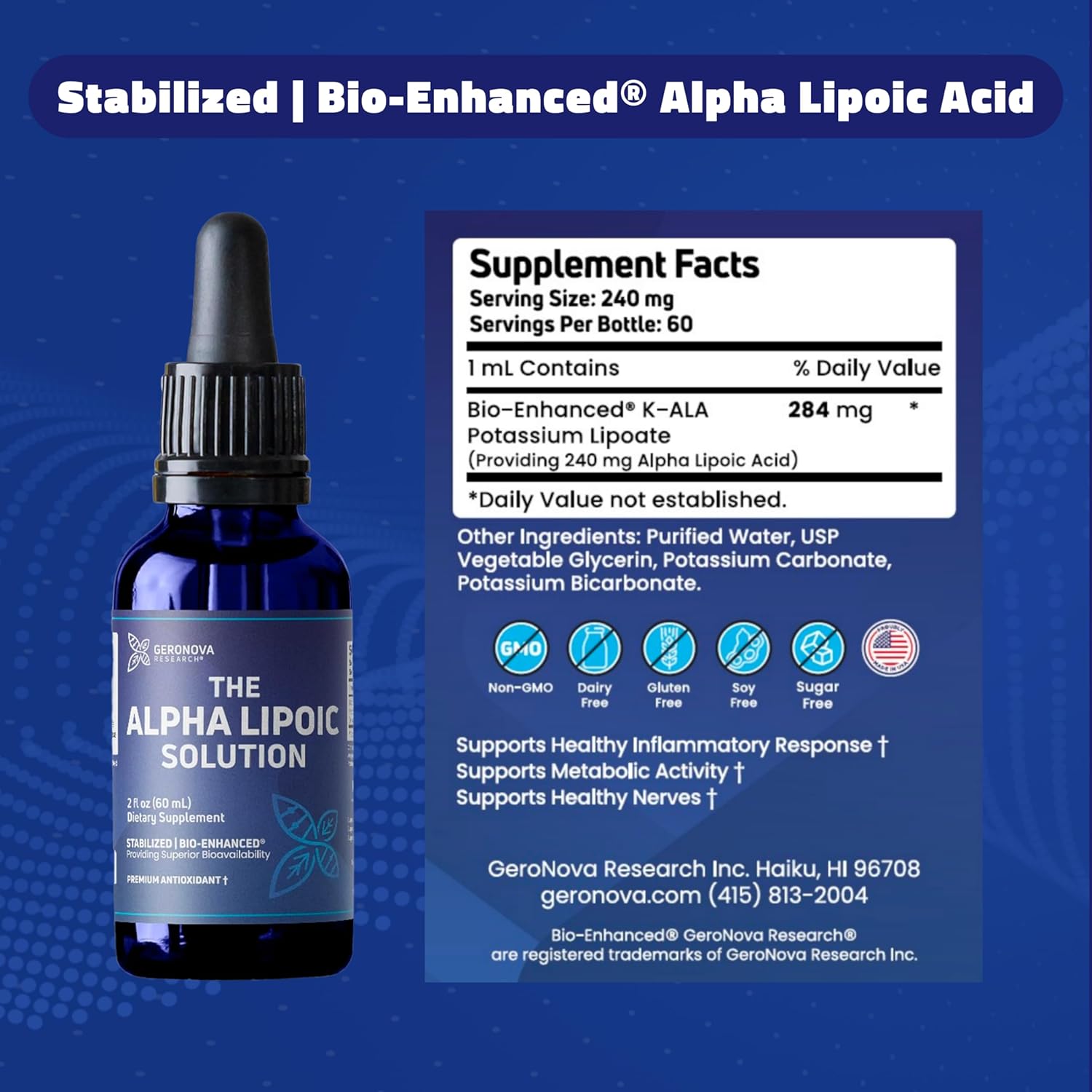 6 fl oz Geronova Research Alpha Lipoic Acid Liquid - 6 Month Supply - Bio-Enhanced ALA Supplement for Superior Absorption