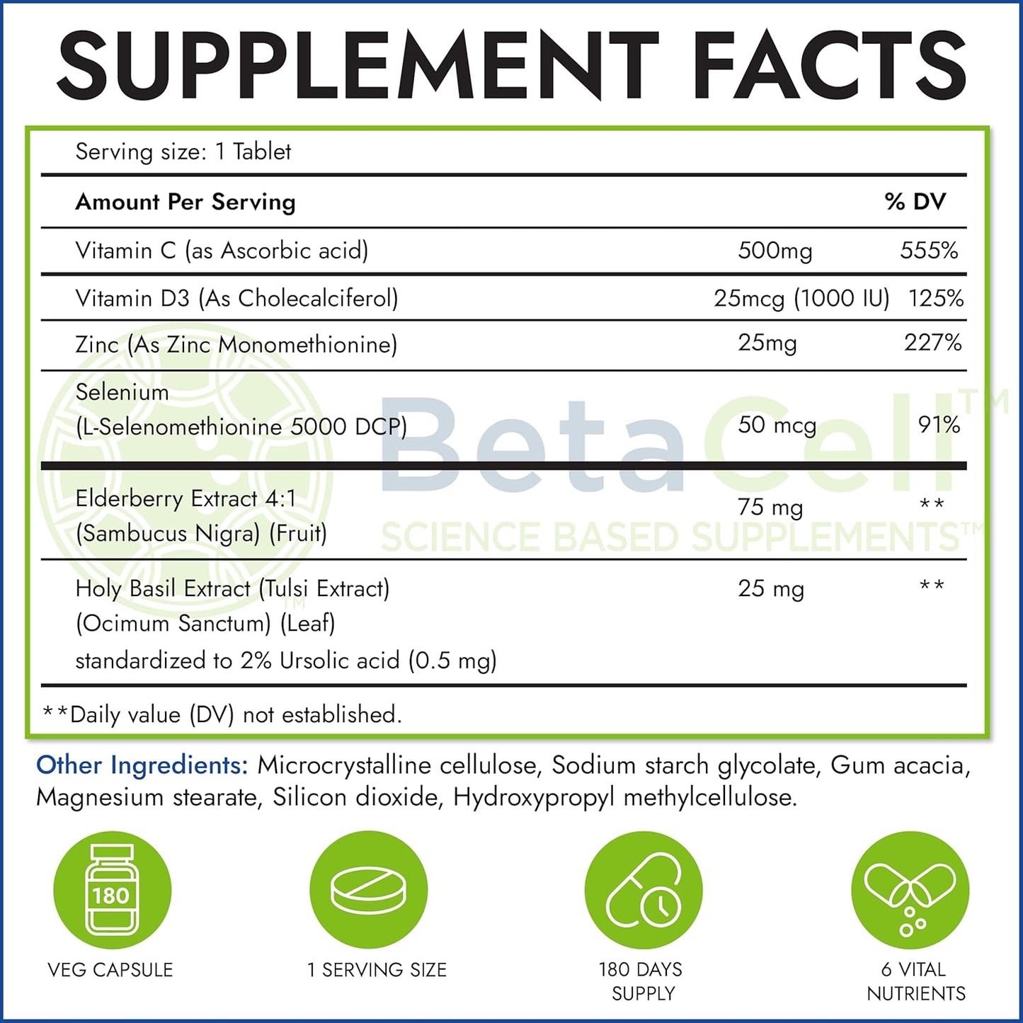 6-in-1 Immune Supplement with Elderberry, Vitamin C, Zinc, Vitamin D, Selenium, Holy Basil - Immunity Support for Adults and Kids - 180 Tablets