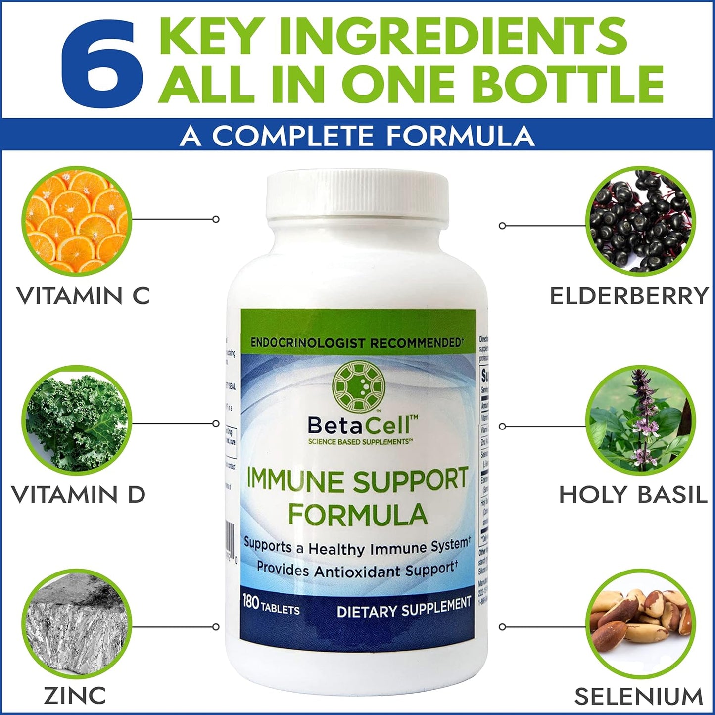 6-in-1 Immune Supplement with Elderberry, Vitamin C, Zinc, Vitamin D, Selenium, Holy Basil - Immunity Support for Adults and Kids - 180 Tablets