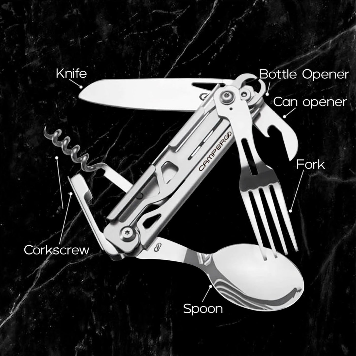 6-in-1 Reusable Camping Utensils Set with Case - Cutlery for Travel - Spoon, Fork, Knife, Opener - CAMPEROO®