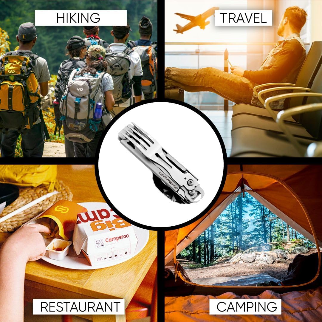 6-in-1 Reusable Camping Utensils Set with Case - Cutlery for Travel - Spoon, Fork, Knife, Opener - CAMPEROO®