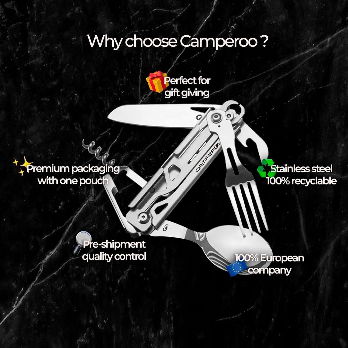 6-in-1 Reusable Camping Utensils Set with Case - Cutlery for Travel - Spoon, Fork, Knife, Opener - CAMPEROO®