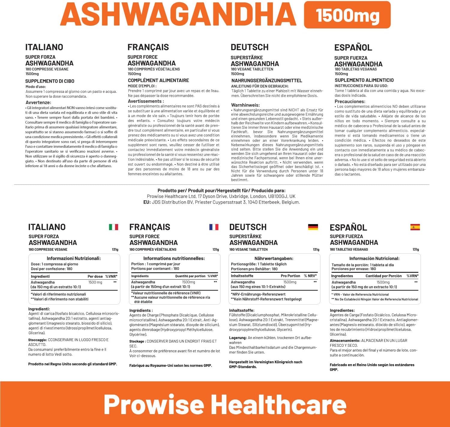 6 Month Supply PH PROWISE Healthcare Ashwagandha 1500mg Vegan Tablets | High Strength Root Extract | UK-Made