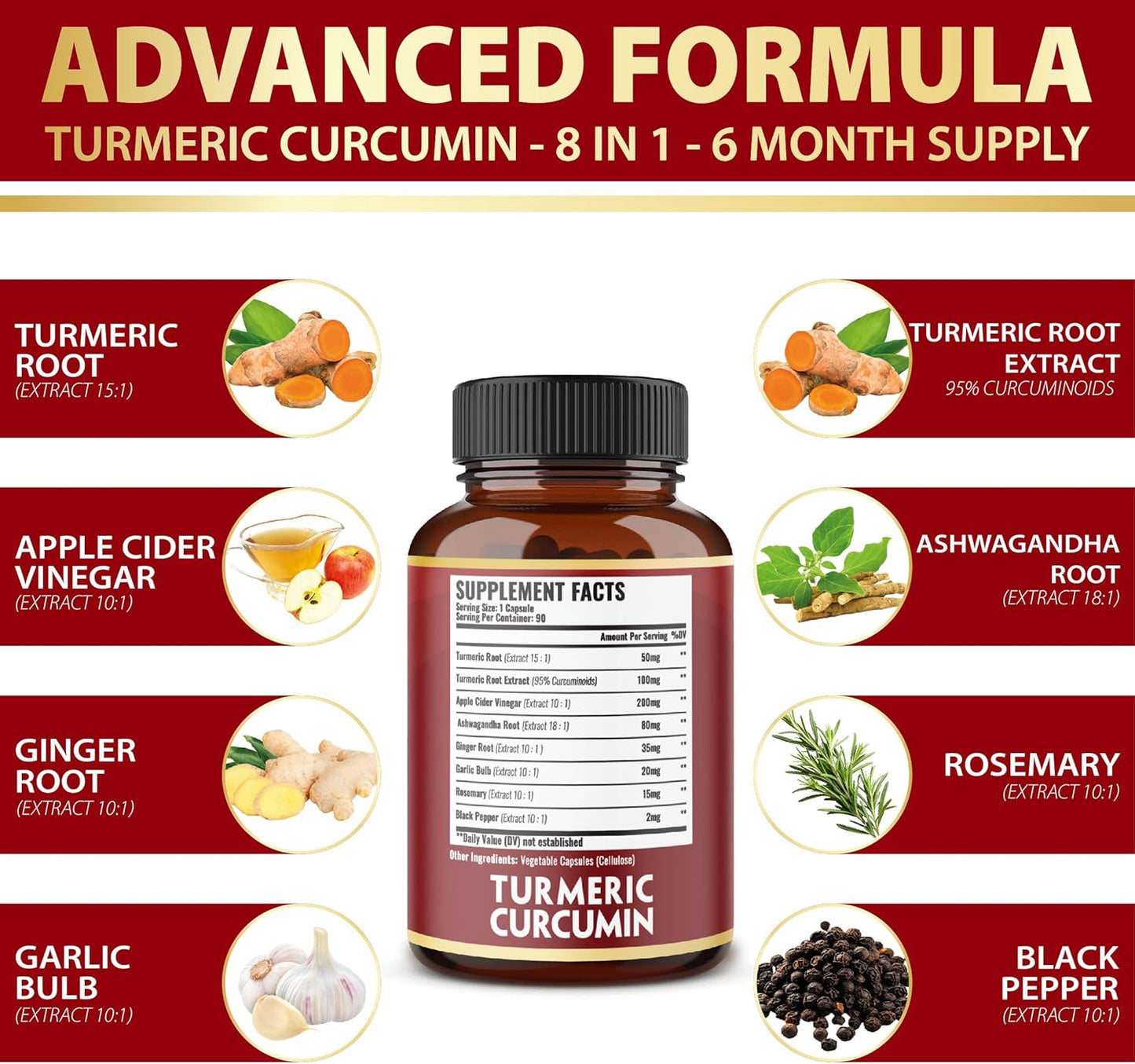 6 Month Supply Turmeric Curcumin + Apple Cider Vinegar Capsules with Ashwagandha & Ginger - 90 Capsules, Joint Support