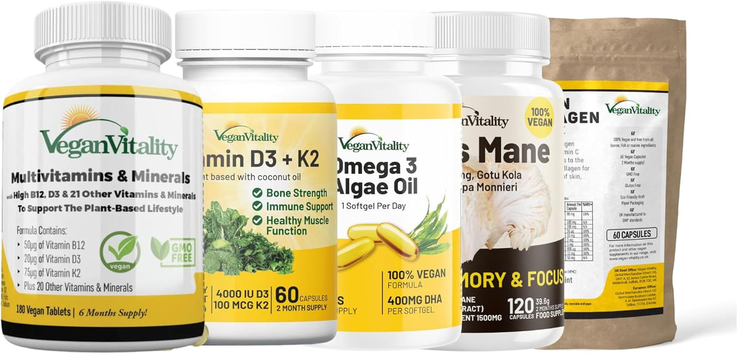 6 Month Vegan Wellness Bundle: Multivitamins, Lion's Mane, Vitamin D3 K2, Omega 3 Algae Oil, Collagen Booster for Complete Vitality