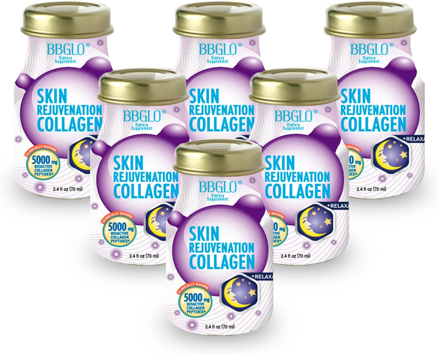 6-Pack BBGLO® Skin Rejuvenation Collagen Drink for Anti-Aging & Relaxation - 2.4 fl. Oz Bottles