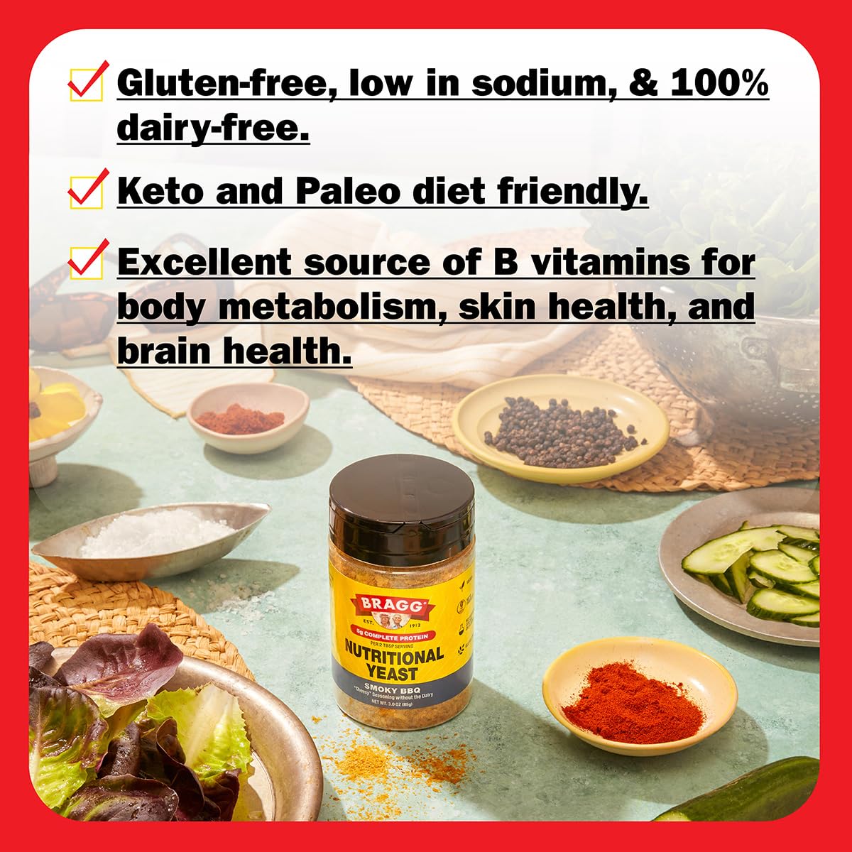 6-Pack Bragg Nutritional Yeast Smoky BBQ Seasoning 3 oz - Dairy-Free Alternative to Parmesan - Ideal for Salads, Pastas, Popcorn