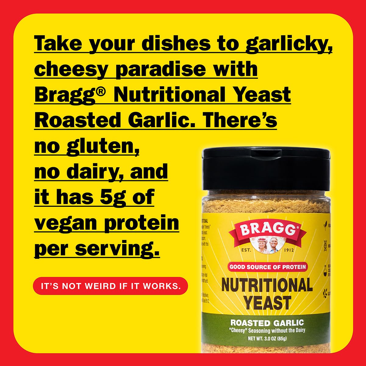 6 Pack Bragg Roasted Garlic Nutritional Yeast Seasoning (3 oz) - Vegan Parmesan Cheese Alternative for Salads, Pastas, Popcorn - Dairy-Free Flavor Enhancer
