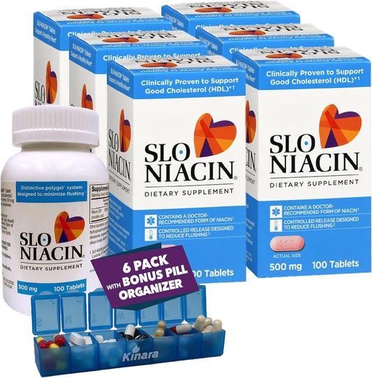 6-Pack Kinara Slo Niacin 500mg Flush Free Capsules/Tablets for Heart & Nutritional Health, Energy, Circulation, Skin - Vitamin B3