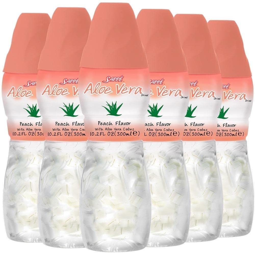 6 Pack Sappe Aloe Vera Peach Juice with Pure Pulp - Plant-Based Hydration Drink for Adults and Kids