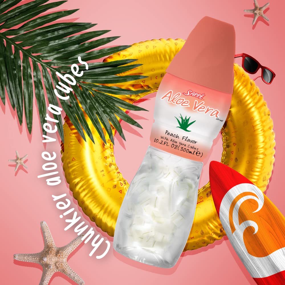 6 Pack Sappe Aloe Vera Peach Juice with Pure Pulp - Plant-Based Hydration Drink for Adults and Kids