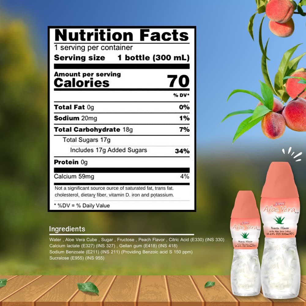 6 Pack Sappe Aloe Vera Peach Juice with Pure Pulp - Plant-Based Hydration Drink for Adults and Kids