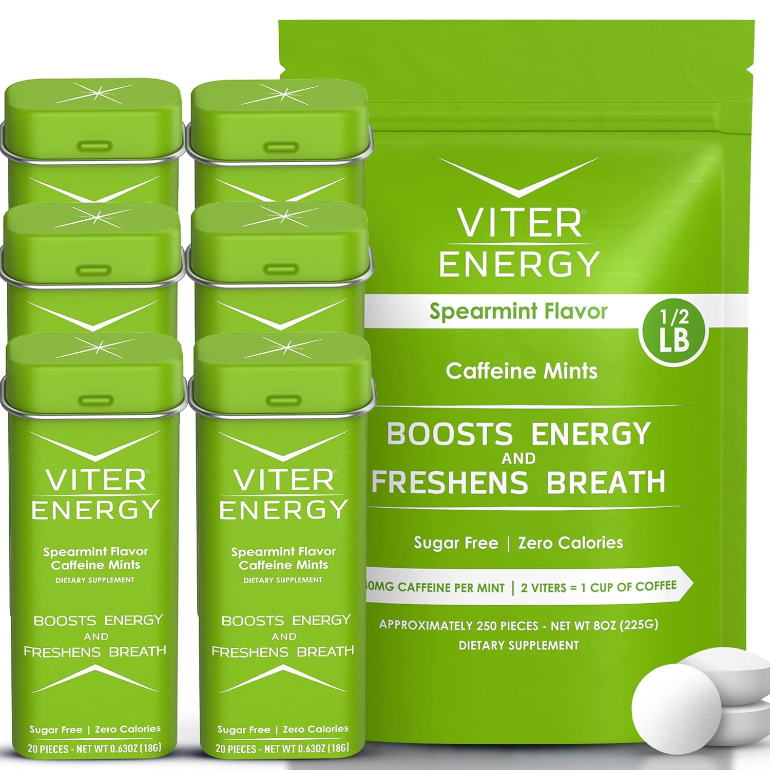 6 Pack Viter Energy Spearmint Caffeine Mints + 1/2 Pound Bulk Bag Bundle - 40mg Caffeine, B Vitamins, Sugar Free, Vegan - Energy Booster for Focus and Alertness