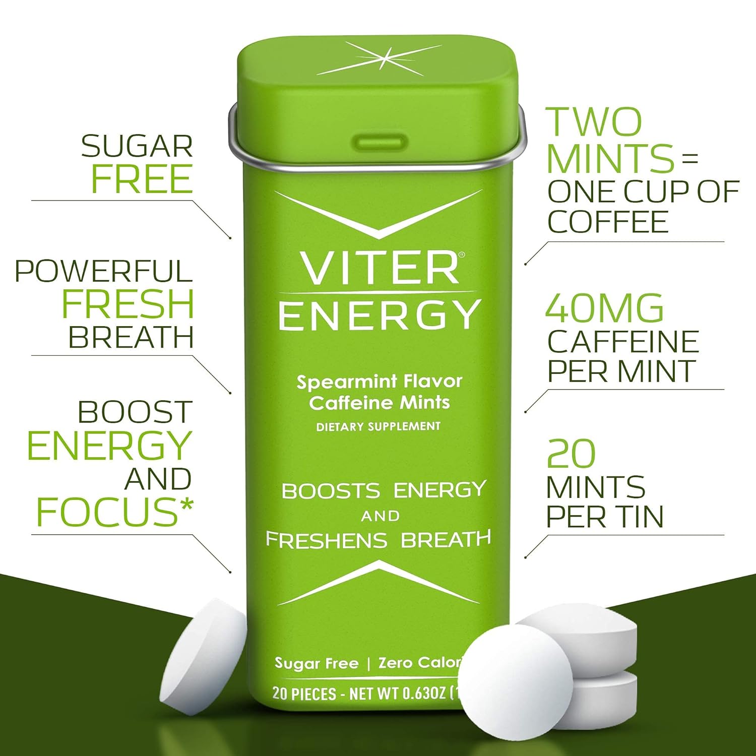6 Pack Viter Energy Spearmint Caffeine Mints + 1/2 Pound Bulk Bag Bundle - 40mg Caffeine, B Vitamins, Sugar Free, Vegan - Energy Booster for Focus and Alertness