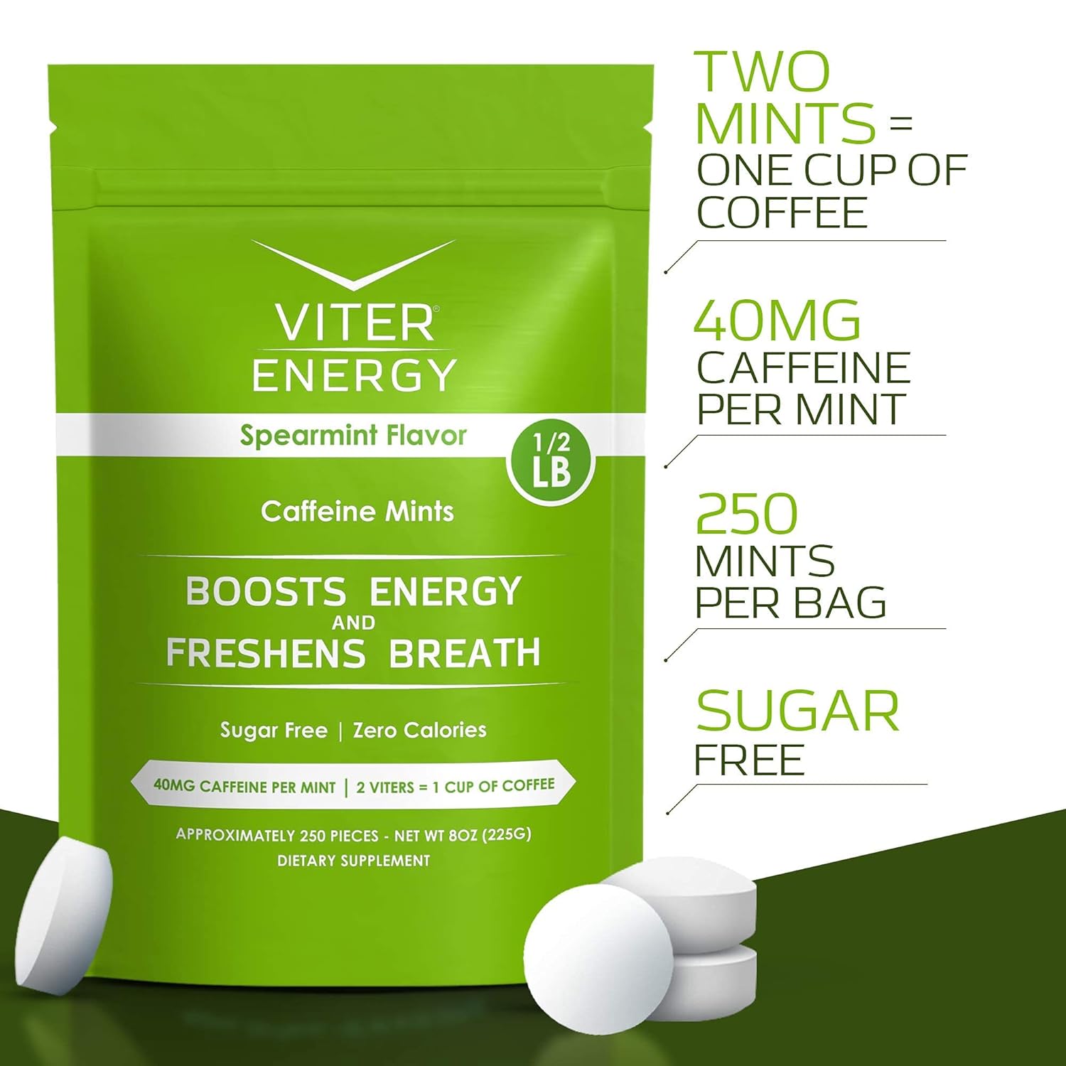 6 Pack Viter Energy Spearmint Caffeine Mints + 1/2 Pound Bulk Bag Bundle - 40mg Caffeine, B Vitamins, Sugar Free, Vegan - Energy Booster for Focus and Alertness