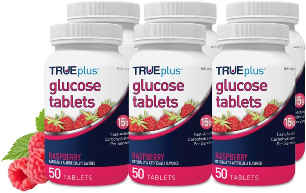 6 Packs of TRUEplus® Raspberry Flavored Glucose Tablets - 50ct Bottles