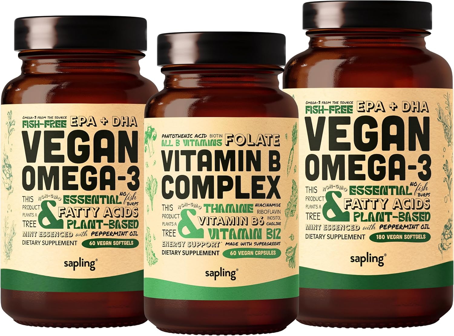 60 & 180 Softgels Bundle: Vegan Omega 3 with B Complex Vitamins - Plant Based DHA & EPA Fatty Acids, Whole Food Blend