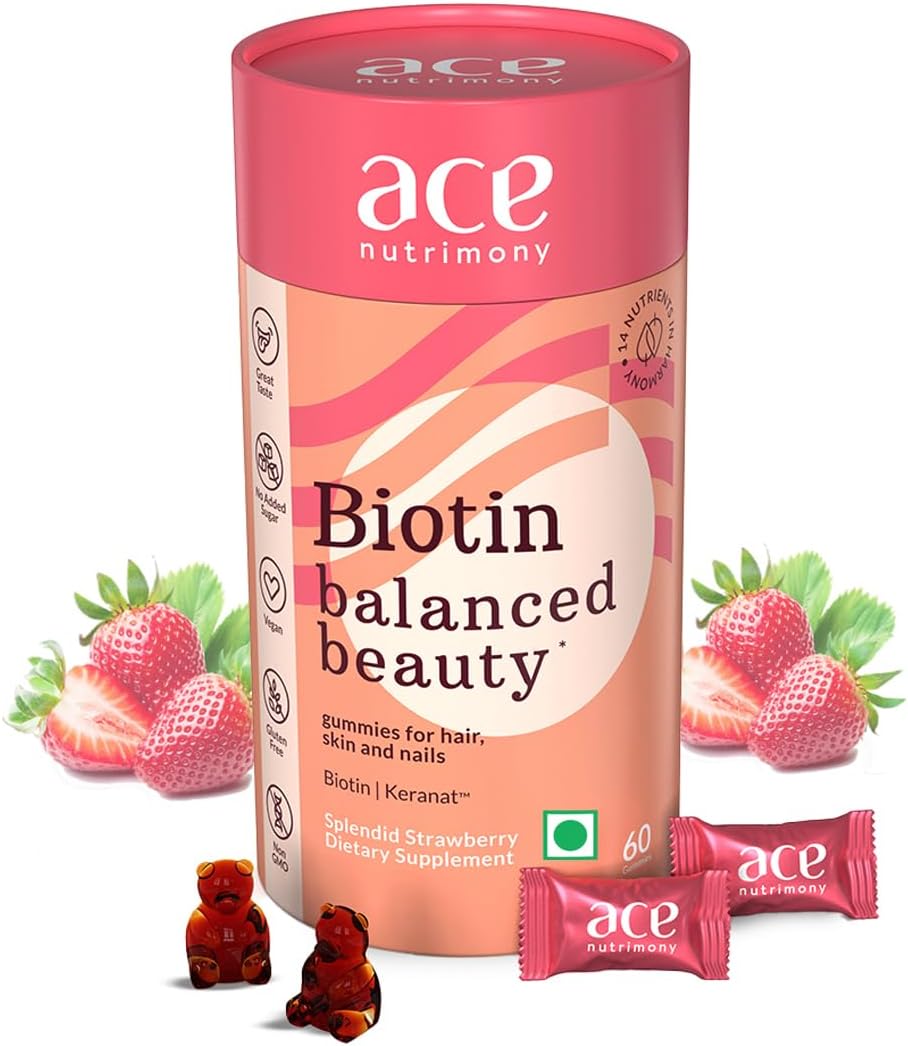60 Ace Nutrimony Balanced Biotin Gummies for Hair Growth - Vegan Hair Skin and Nails Vitamins for Men & Women, Gluten Free