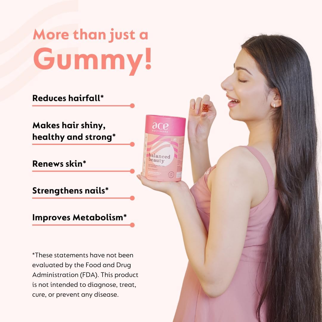 60 Ace Nutrimony Balanced Biotin Gummies for Hair Growth - Vegan Hair Skin and Nails Vitamins for Men & Women, Gluten Free