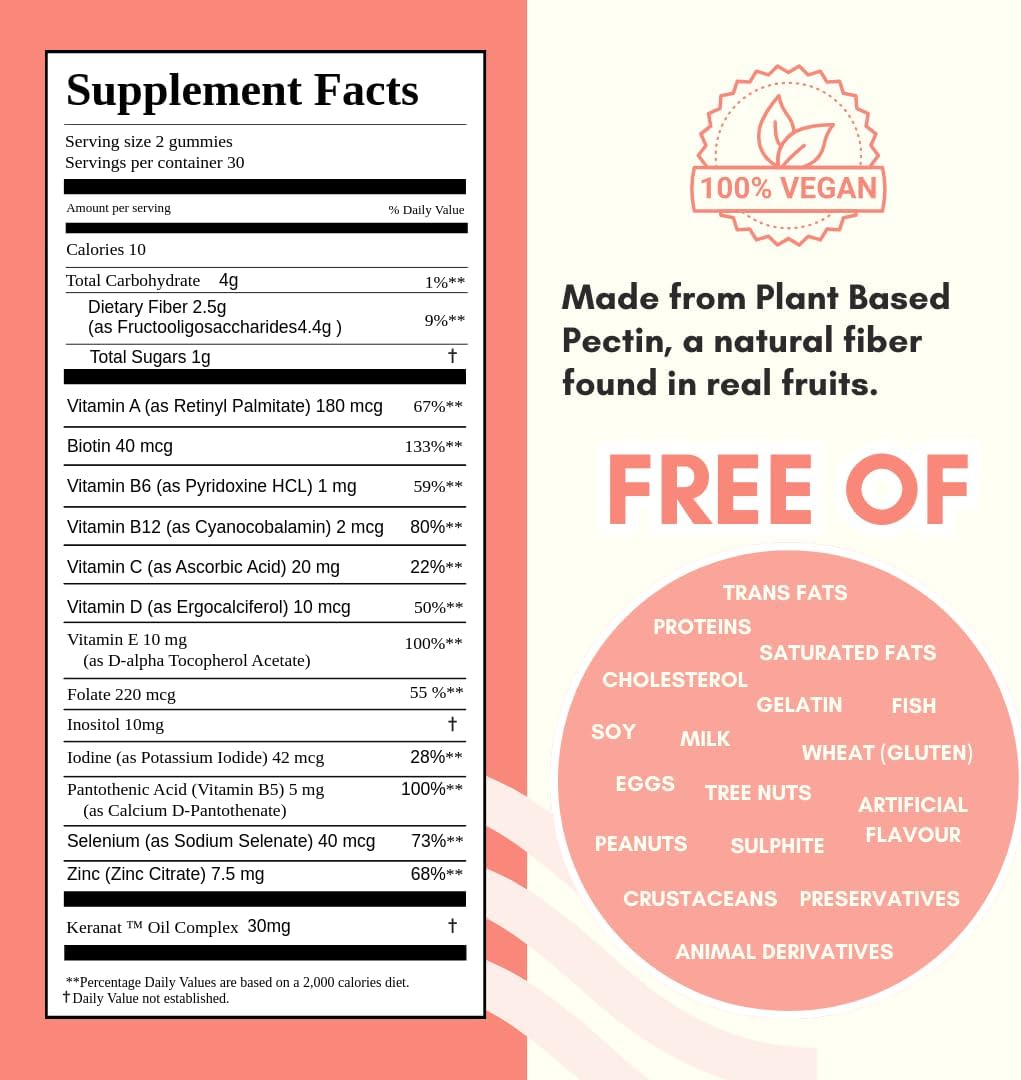 60 Ace Nutrimony Balanced Biotin Gummies for Hair Growth - Vegan Hair Skin and Nails Vitamins for Men & Women, Gluten Free