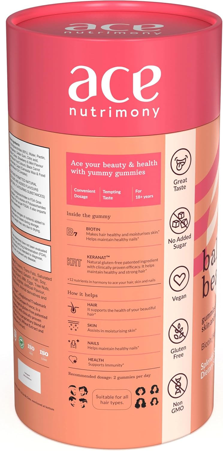 60 Ace Nutrimony Balanced Biotin Gummies for Hair Growth - Vegan Hair Skin and Nails Vitamins for Men & Women, Gluten Free