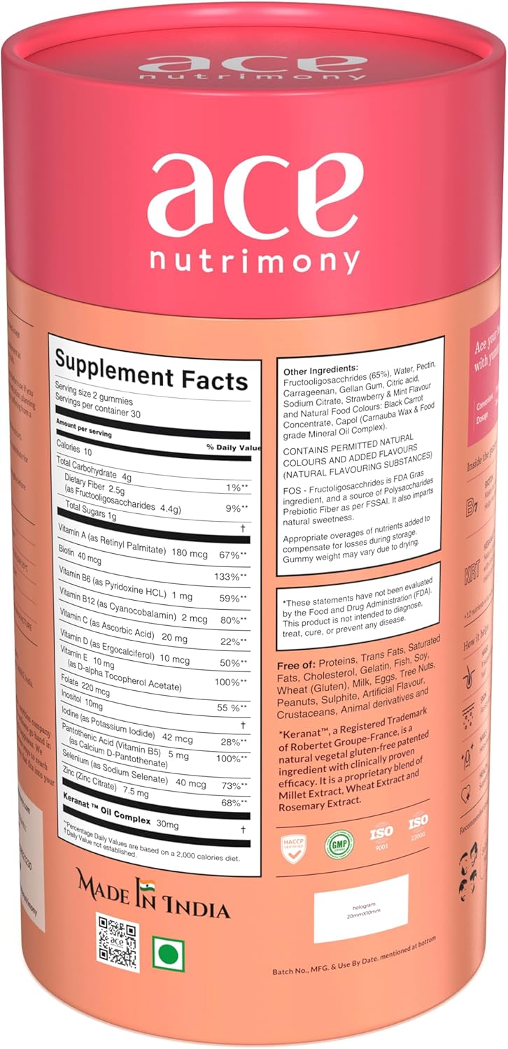 60 Ace Nutrimony Balanced Biotin Gummies for Hair Growth - Vegan Hair Skin and Nails Vitamins for Men & Women, Gluten Free