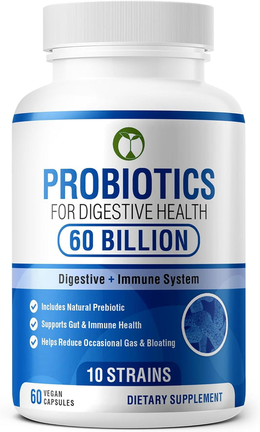 60 Billion CFU Natural Probiotic Blend with Prebiotics for Digestive Health - 60 Capsules for Men & Women