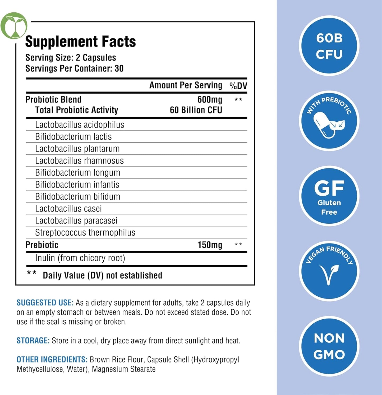 60 Billion CFU Natural Probiotic Blend with Prebiotics for Digestive Health - 60 Capsules for Men & Women