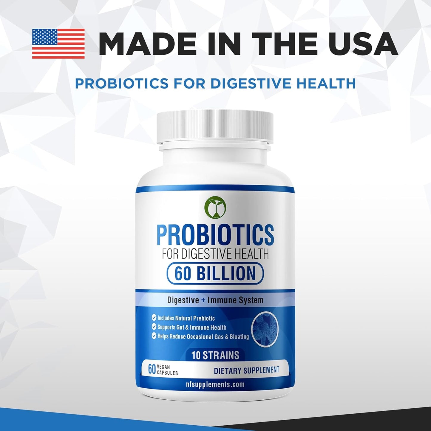 60 Billion CFU Natural Probiotic Blend with Prebiotics for Digestive Health - 60 Capsules for Men & Women
