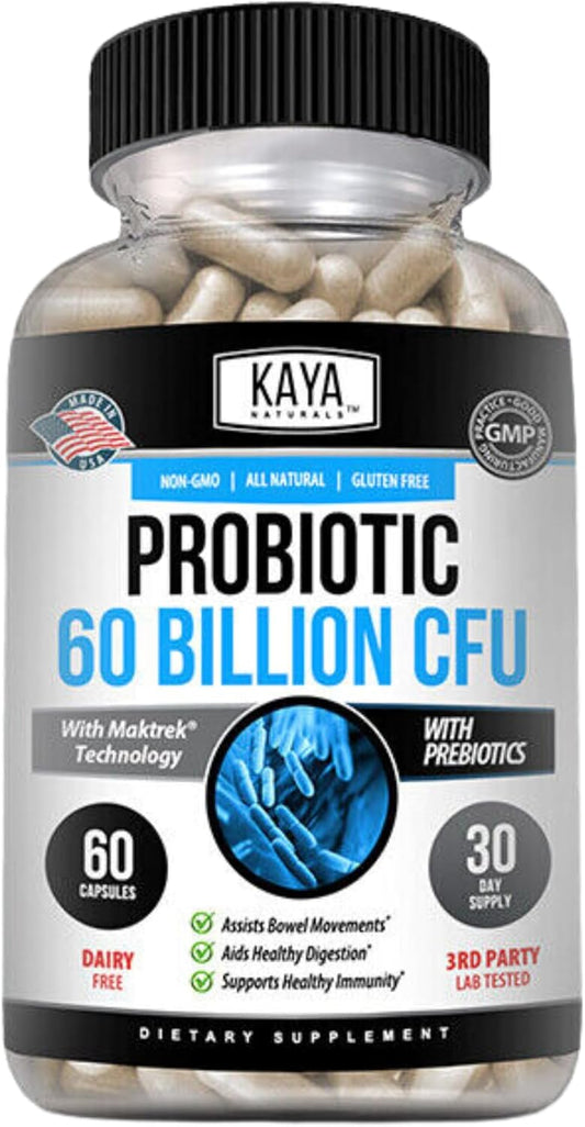 60 Billion CFU Probiotic by Kaya Naturals | Probiotics for Women, Men, and Adults | Supports Gut Health, Immune System | Digestive Health Supplement - 60 Capsules