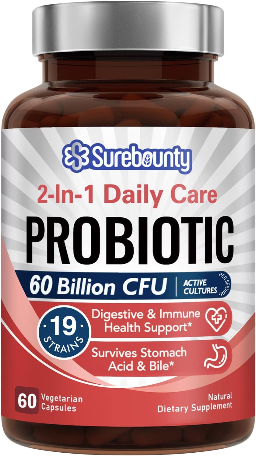 60 Billion CFU Probiotics with 19 Strains, 100mg Prebiotic, Shelf Stable for Men & Women - Daily Digestive & Immune Health Support - 60 Veggie Capsules