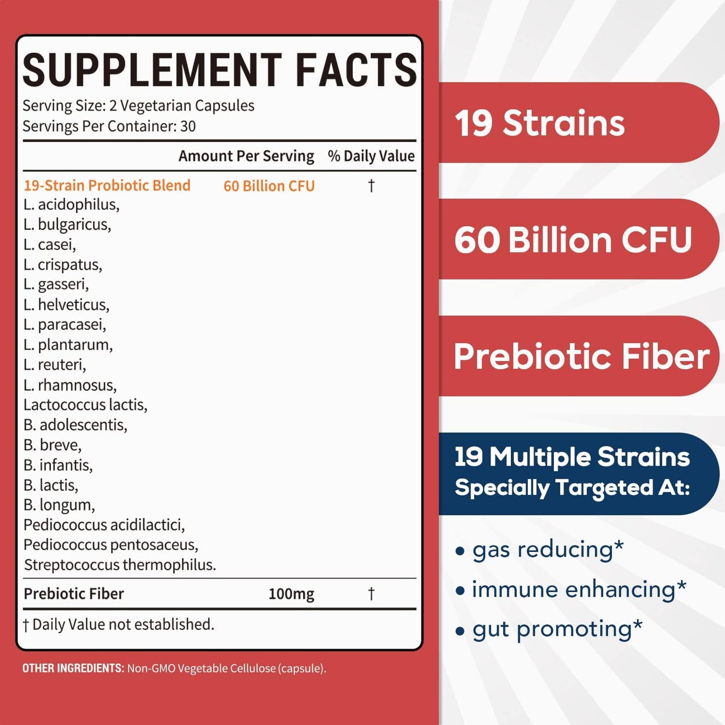60 Billion CFU Probiotics with 19 Strains, 100mg Prebiotic, Shelf Stable for Men & Women - Daily Digestive & Immune Health Support - 60 Veggie Capsules