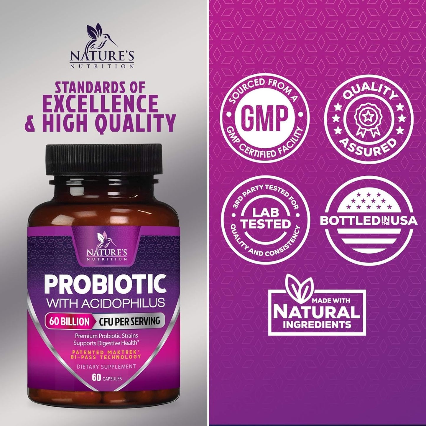 60 Billion CFU Probiotics with Prebiotics for Digestive & Immune Health - 10 Strains for Women & Men - Supports Gut Health, Occasional Constipation, Gas & Bloating - 60 Capsules