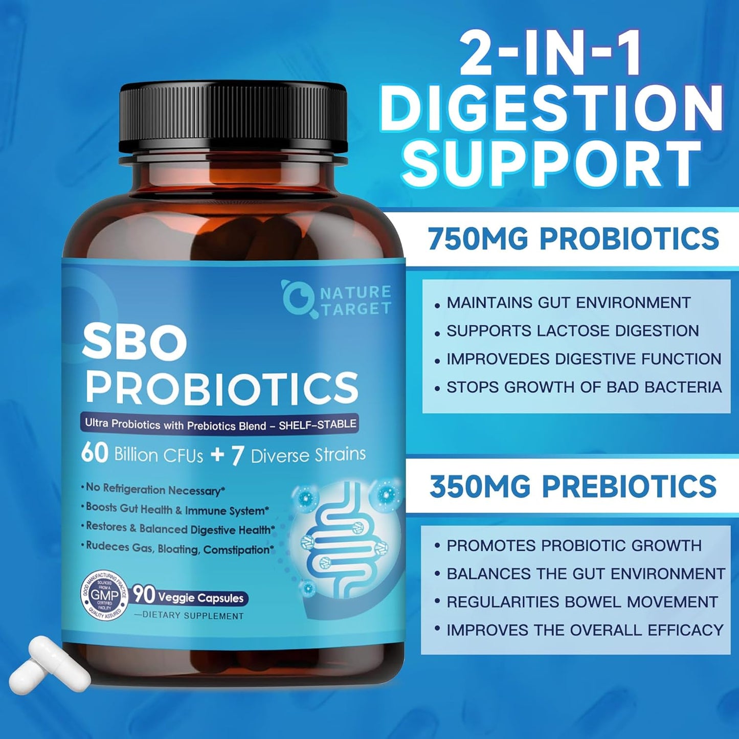 60 Billion CFU Probiotics with Prebiotics for Digestive Health - 88 Veggie Capsules for Women & Men - Immune & Gut Support, SBO Probiotic Formula for Occasional Constipation, Gas, & Bloating