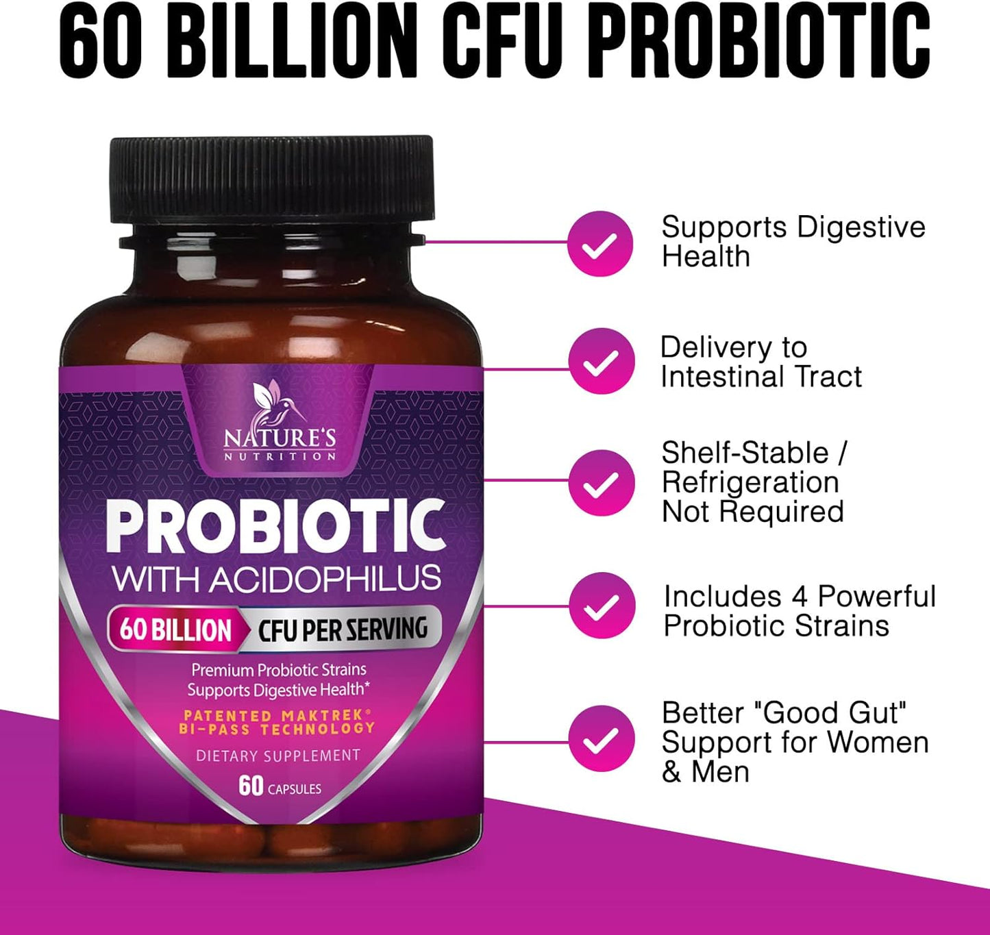 60 Billion CFU Probiotics with Prebiotics for Digestive & Immune Health - 10 Strains for Women & Men - Supports Gut Health, Occasional Constipation, Gas & Bloating - 60 Capsules