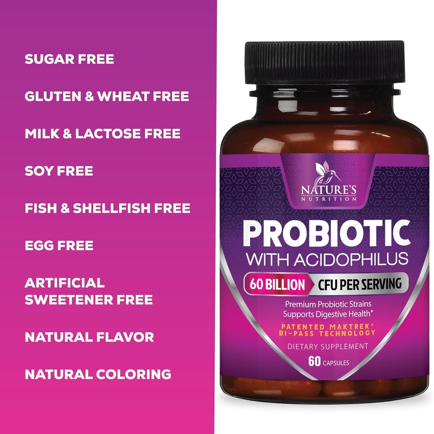 60 Billion CFU Probiotics with Prebiotics for Digestive & Immune Health - 10 Strains for Women & Men - Supports Gut Health, Occasional Constipation, Gas & Bloating - 60 Capsules