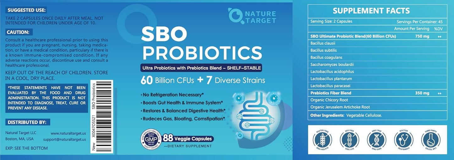 60 Billion CFU Probiotics with Prebiotics for Digestive Health - 88 Veggie Capsules for Women & Men - Immune & Gut Support, SBO Probiotic Formula for Occasional Constipation, Gas, & Bloating