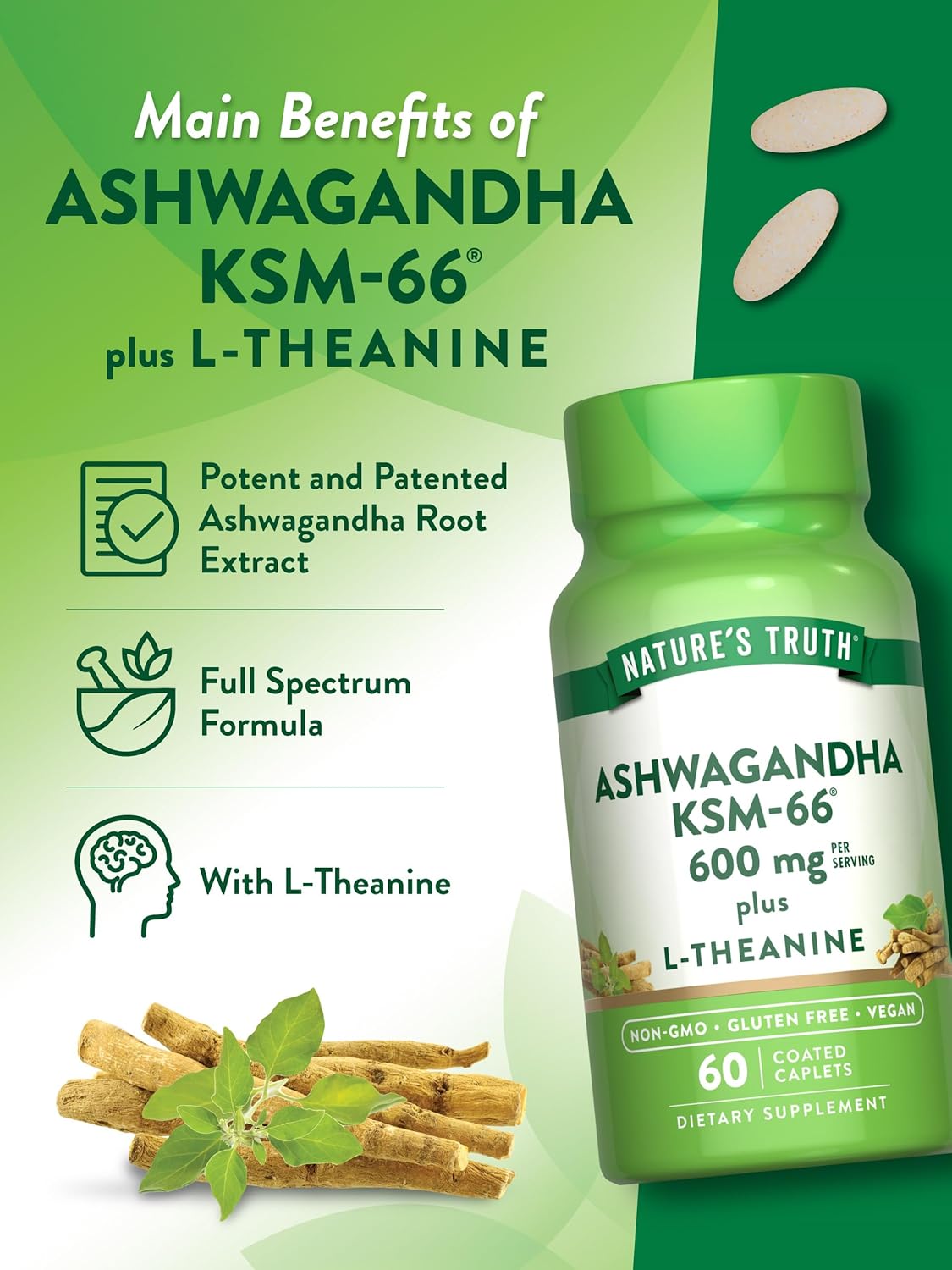 60 Caplets of Nature's Truth KSM-66 Ashwagandha with L-Theanine - Non-GMO & Gluten Free Supplement